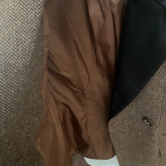 Classic Brown Tweed  Leather Lapel Double-Breasted Blazer Jacket Coat - Picture 5 of 7